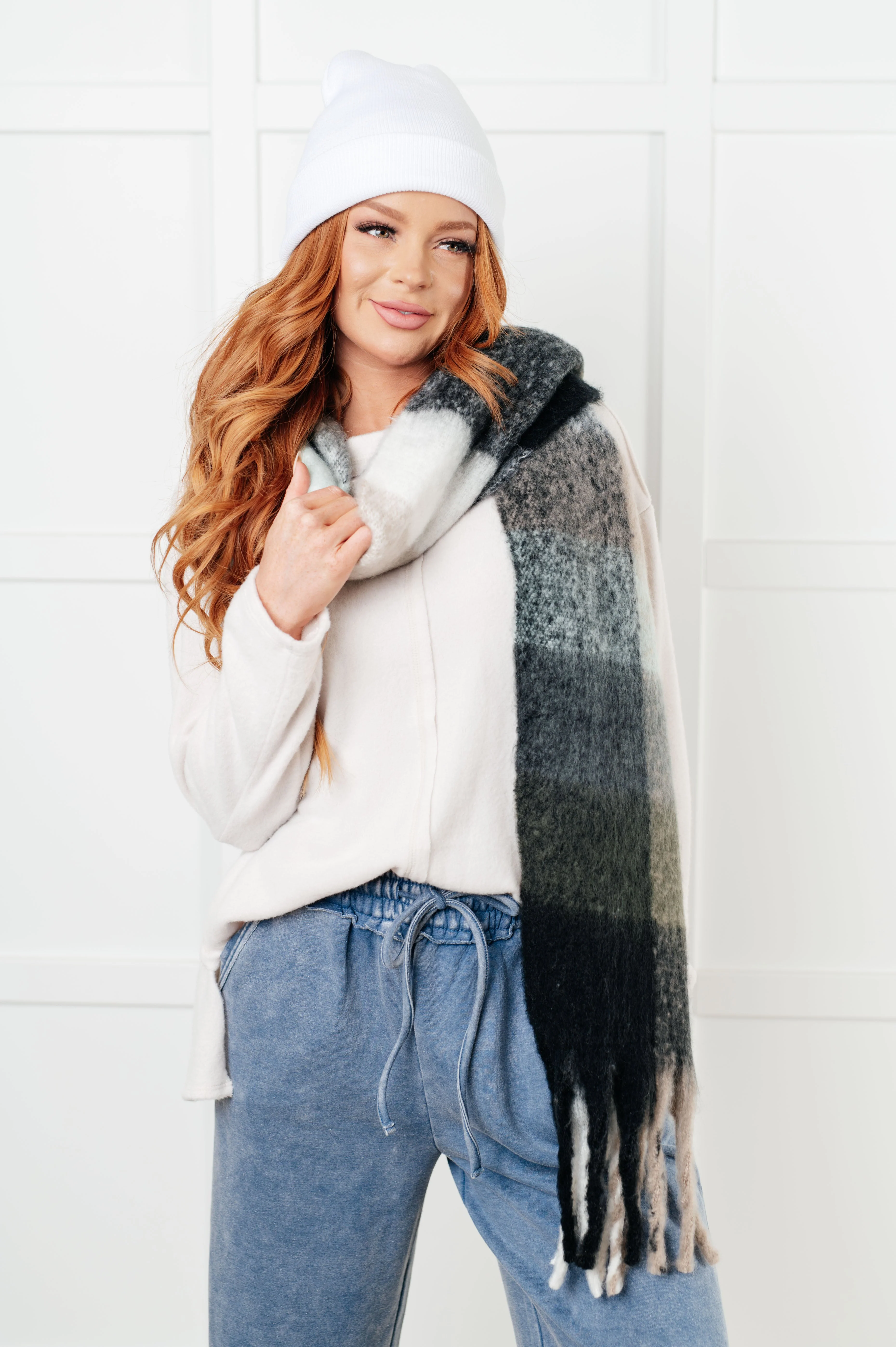 Wanderlust Wrap Oversized Plaid Fringe Scarf in Grey and Jade - Image 2