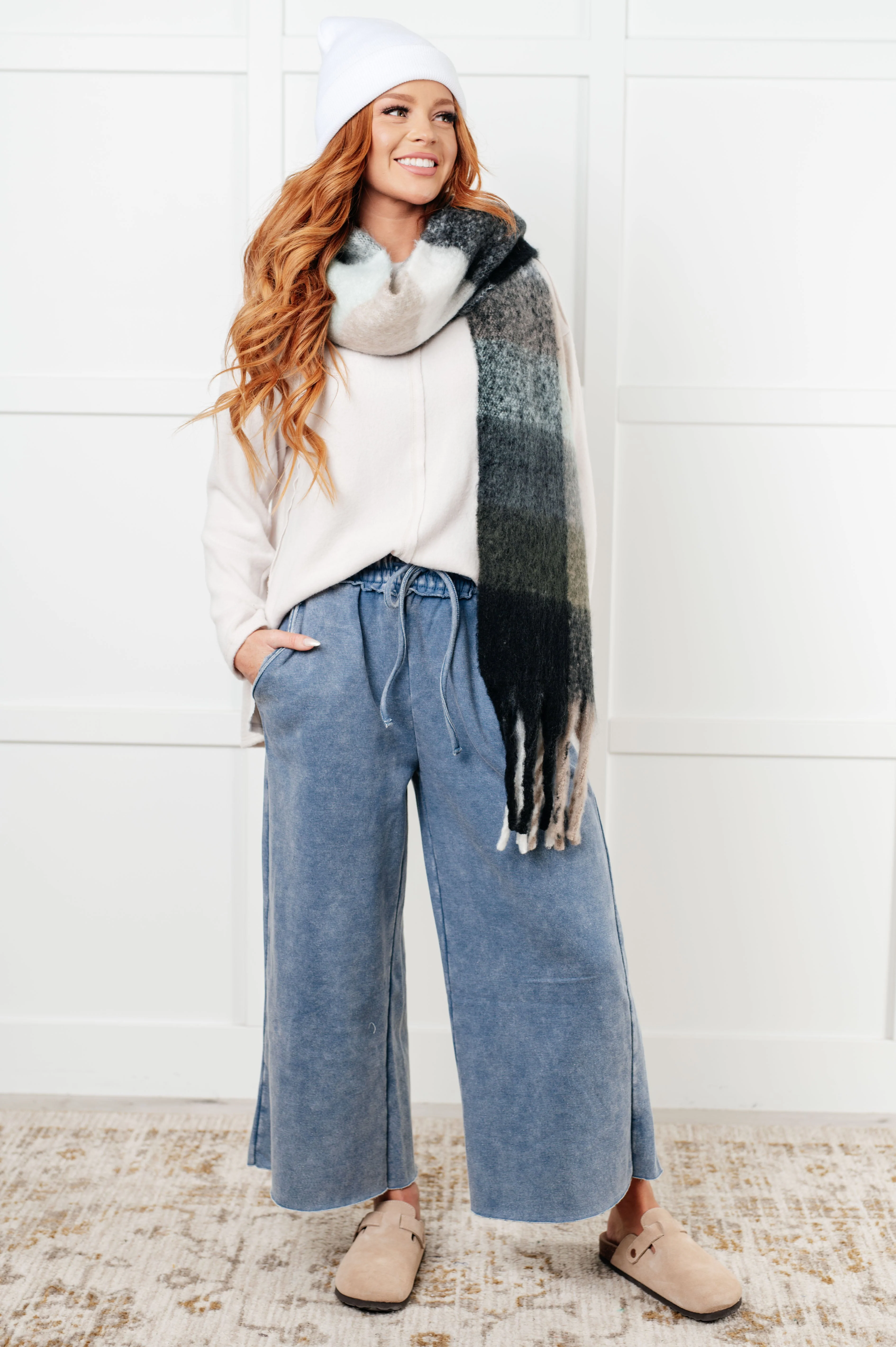 Wanderlust Wrap Oversized Plaid Fringe Scarf in Grey and Jade - Image 3