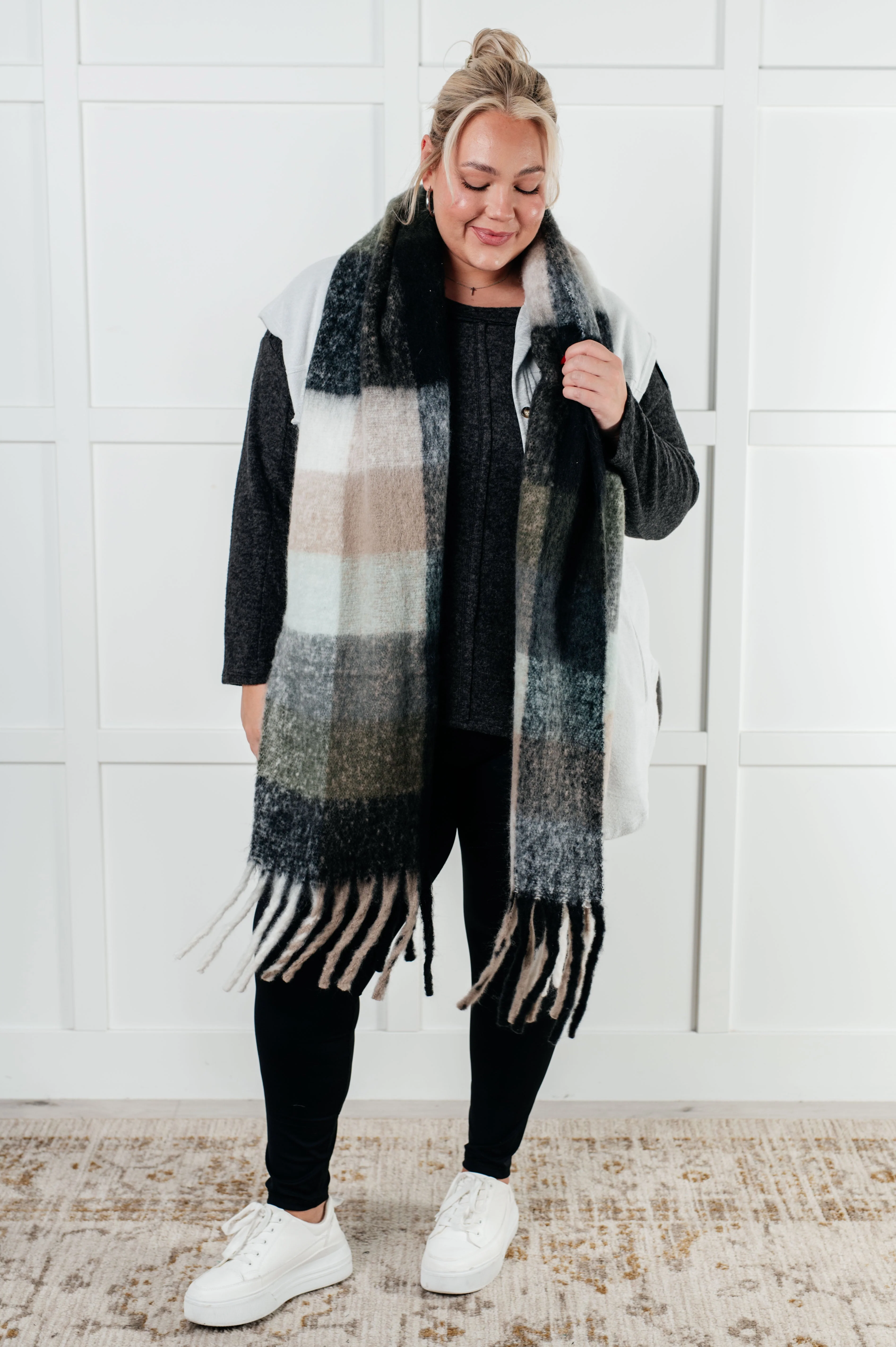 Wanderlust Wrap Oversized Plaid Fringe Scarf in Grey and Jade - Image 4