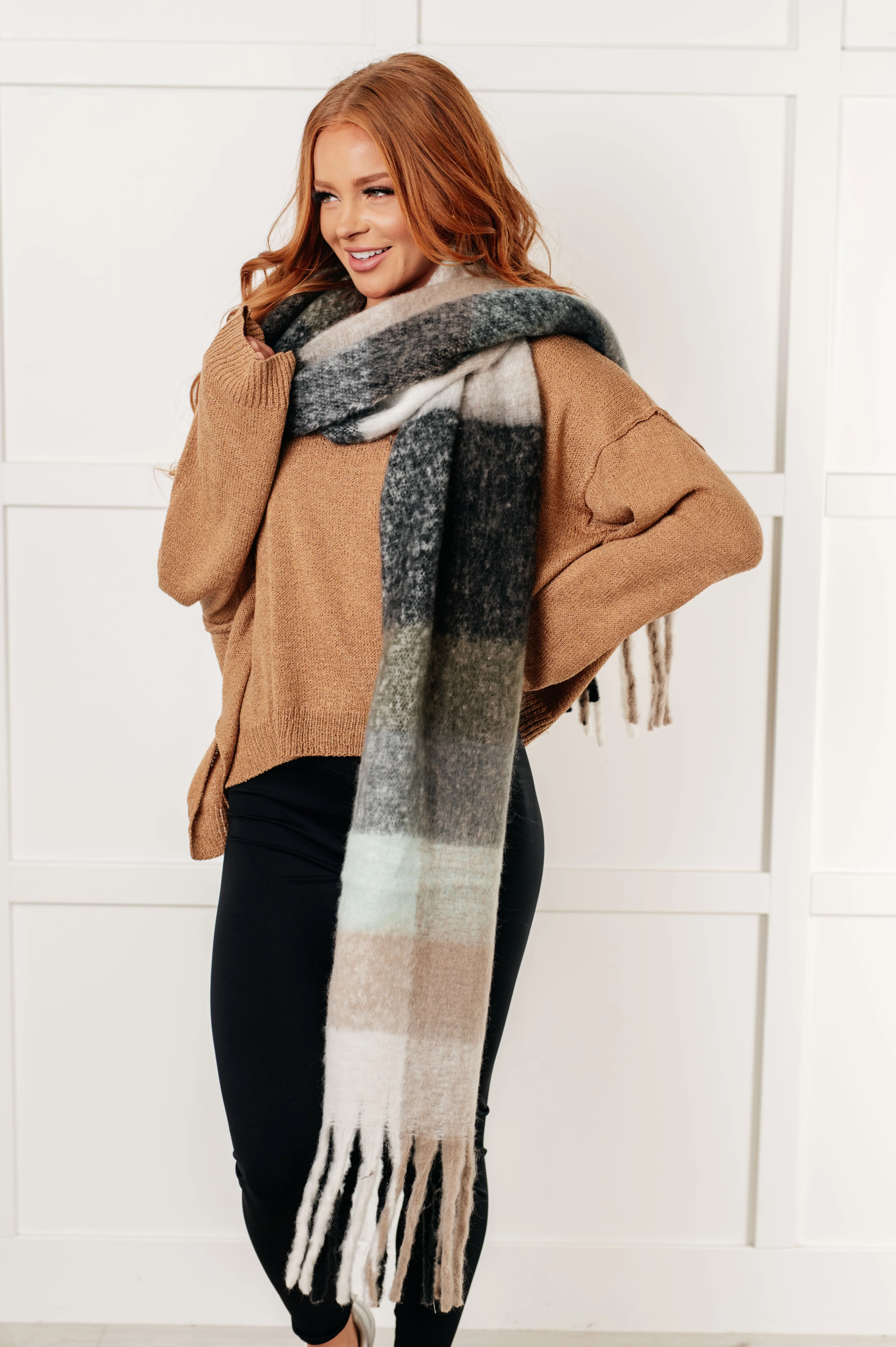 Wanderlust Wrap Oversized Plaid Fringe Scarf in Grey and Jade - Image 5