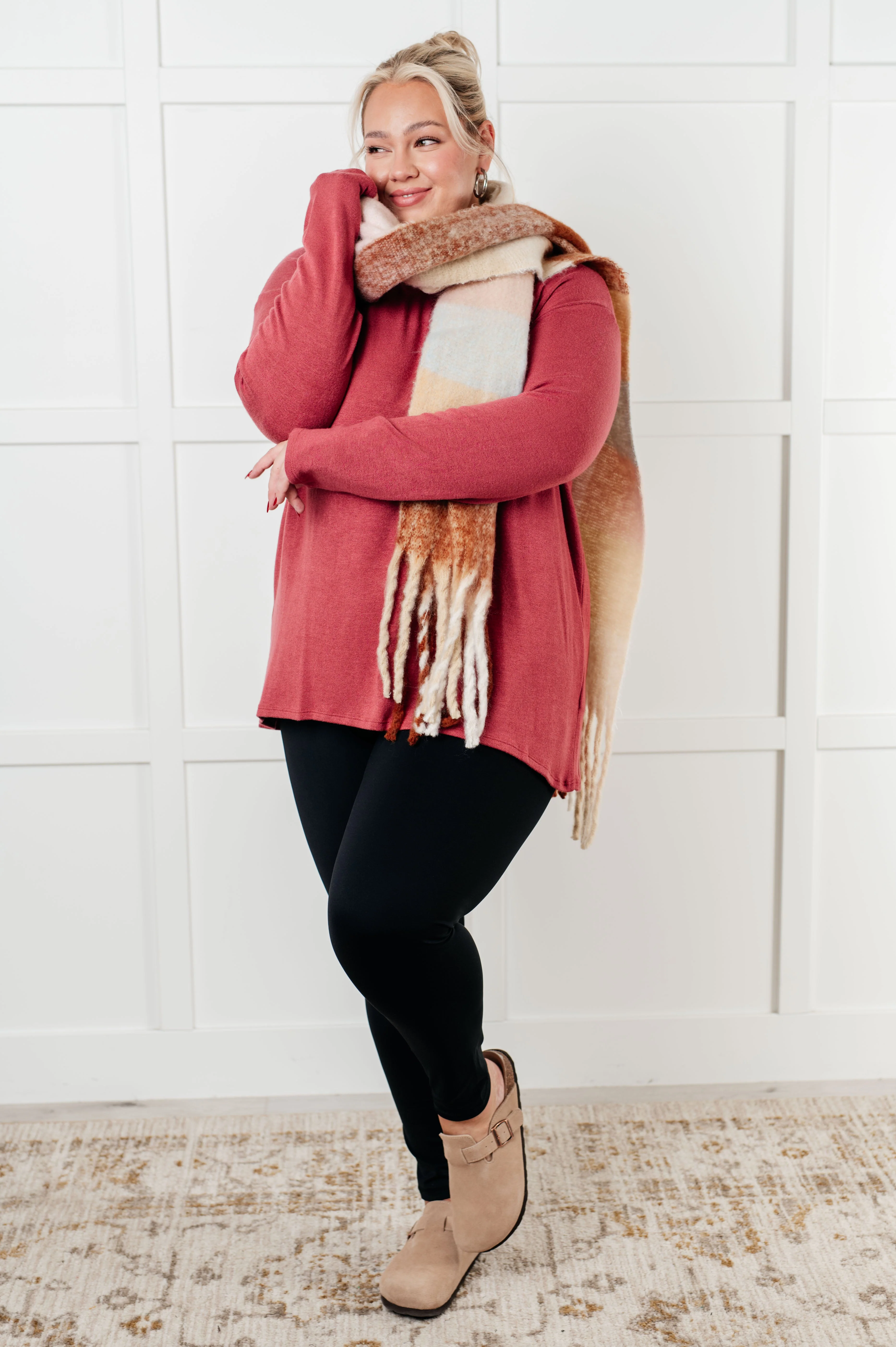 Wanderlust Wrap Oversized Plaid Fringe Scarf in Light Brown - Image 4
