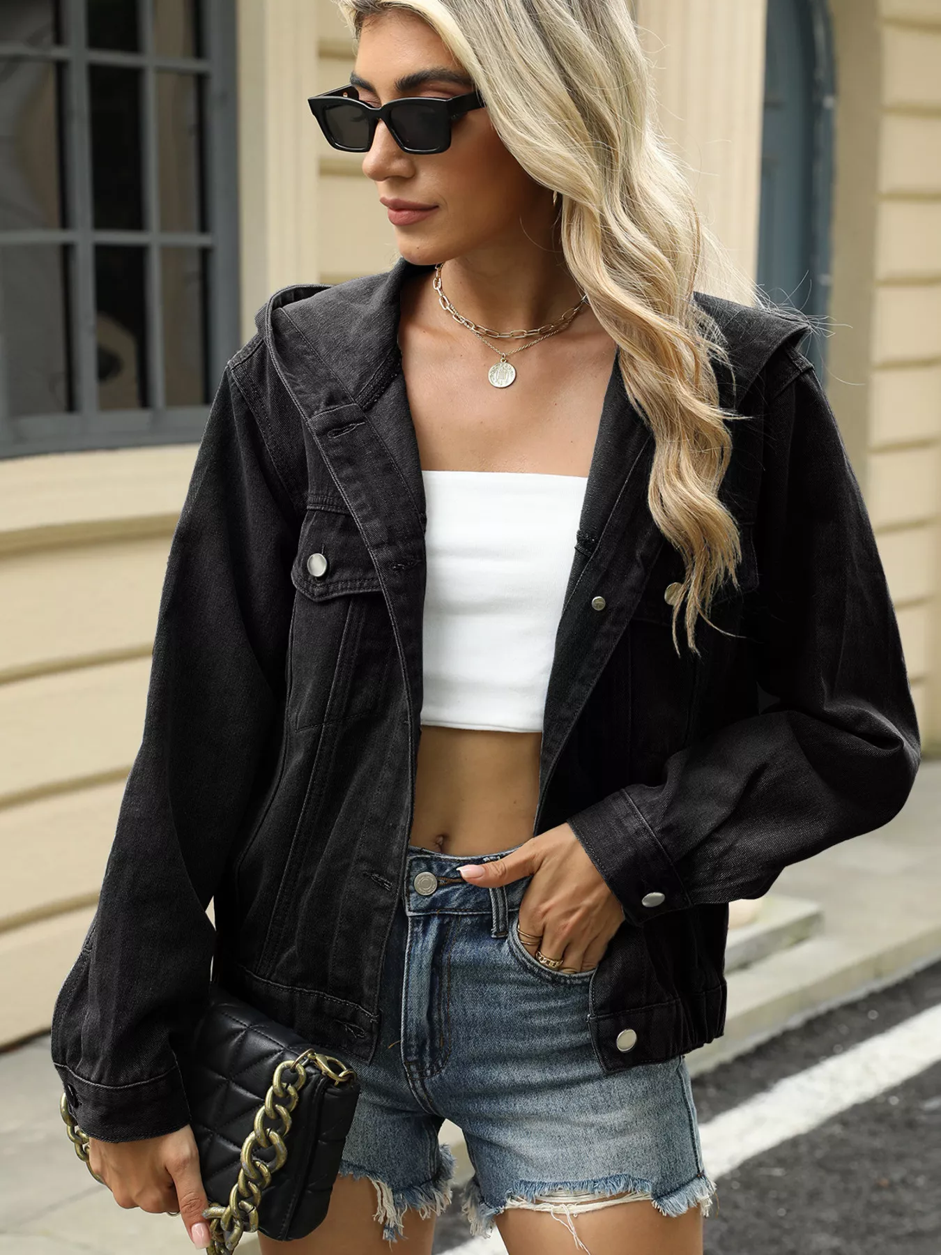 Washed Button Up Hooded Denim Jacket - Image 3