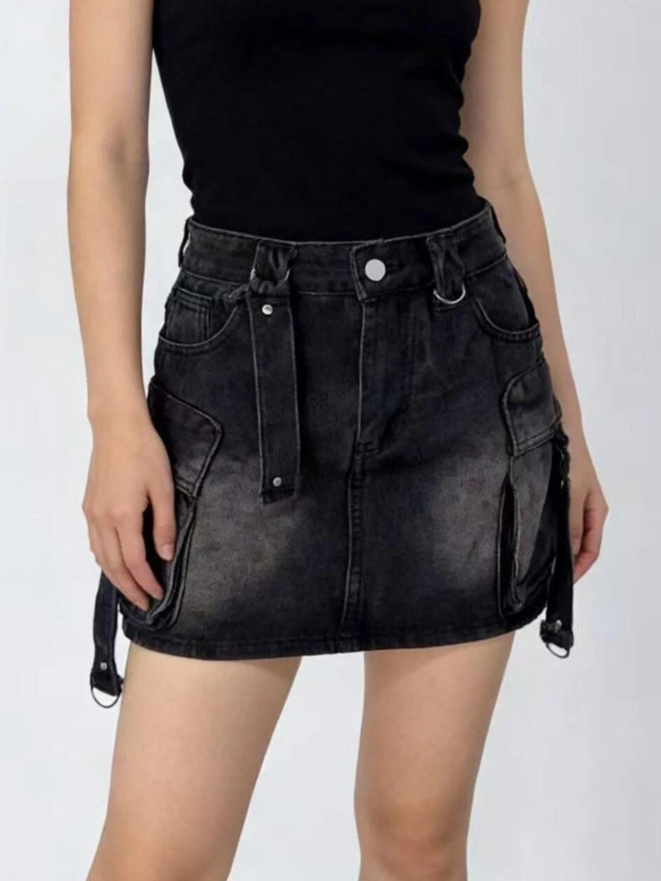 Washed Cargo Denim Skirt - Image 5