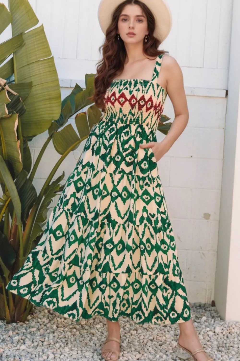 Western Aztec Shirred A-line Sleeveless Maxi Dress