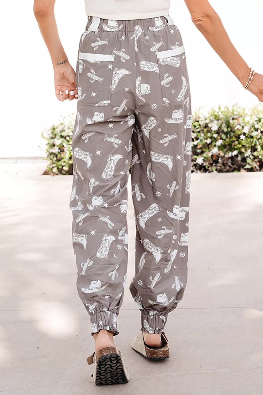 Western Cactus Cowgirl Hat Boot Printed Vintage Drawstring Jogger Pants - Image 3
