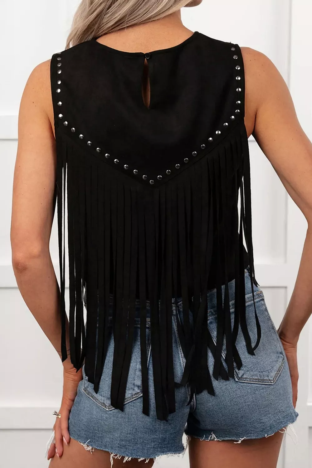 Western Fringe Rivet Paneling Bust Sleeveless Top - Image 3