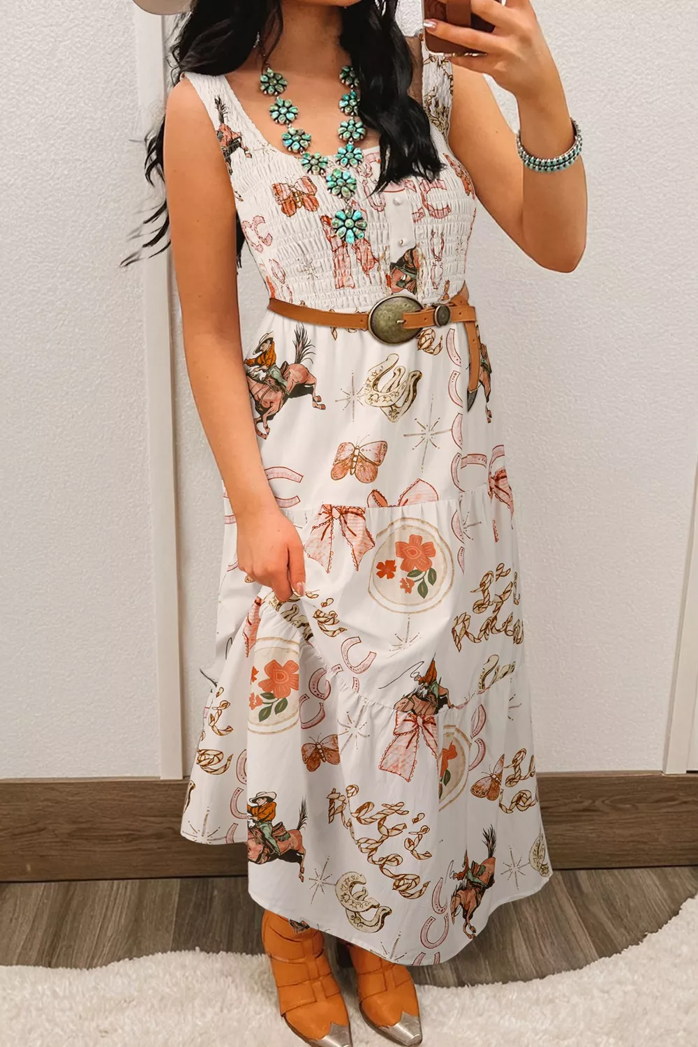 Western Horseshoe Print U-Neck Sleeveless Midi Dress