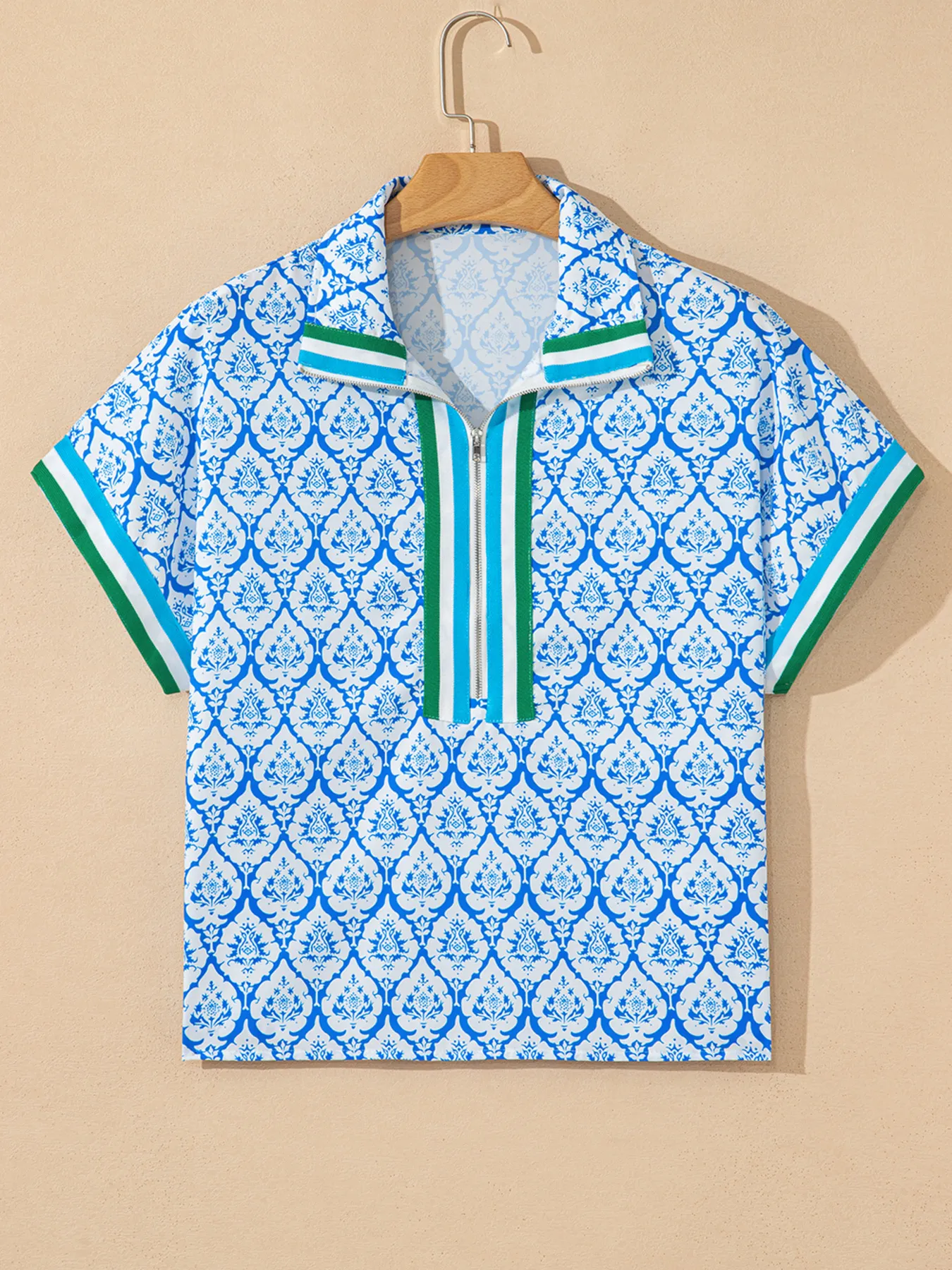 Western Print Zipped Collar Short Sleeve Summer Blouse Top - Image 2
