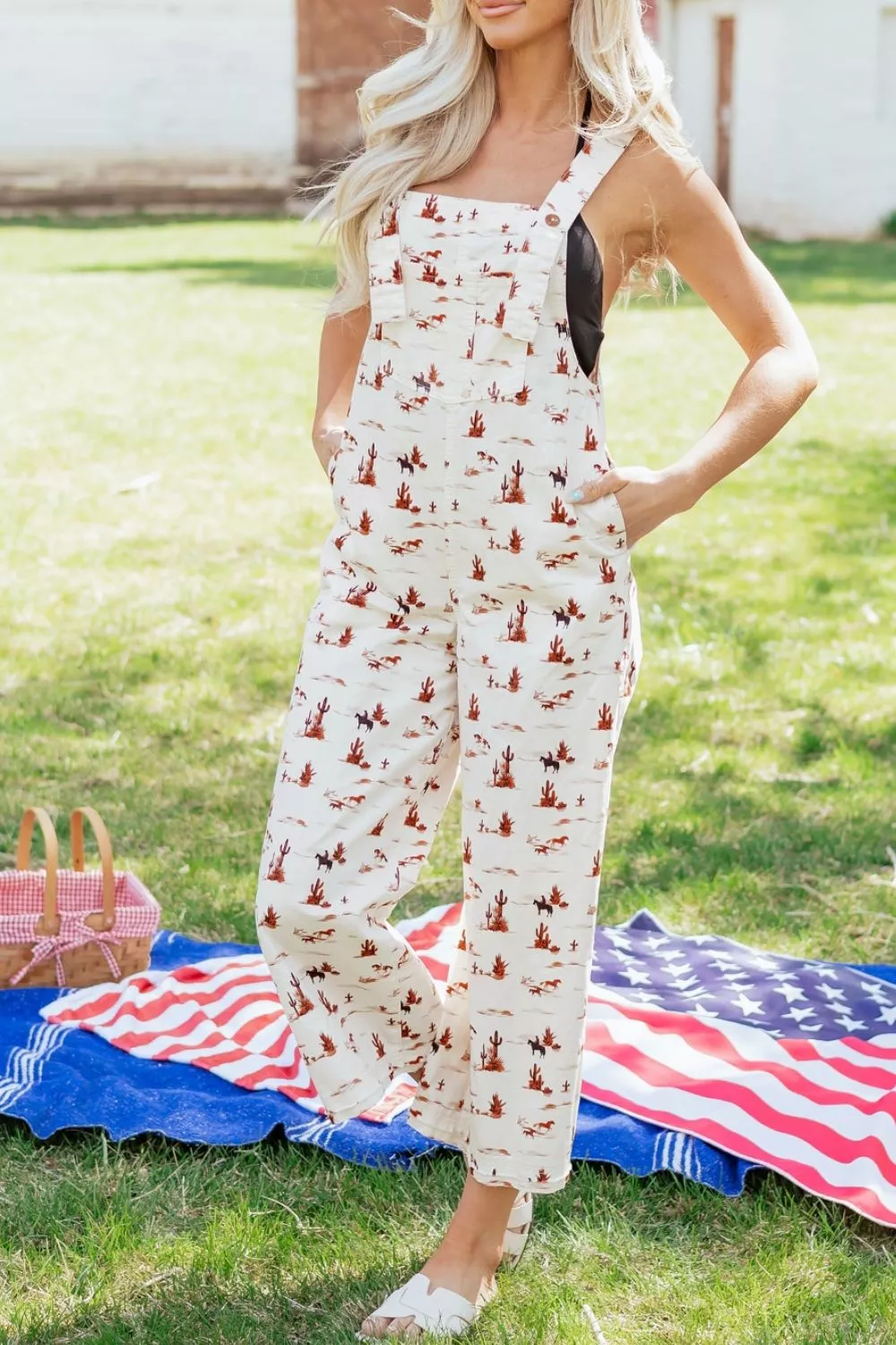 Western Printed Button Adjustable Straps Loose Jumpsuit - Image 6