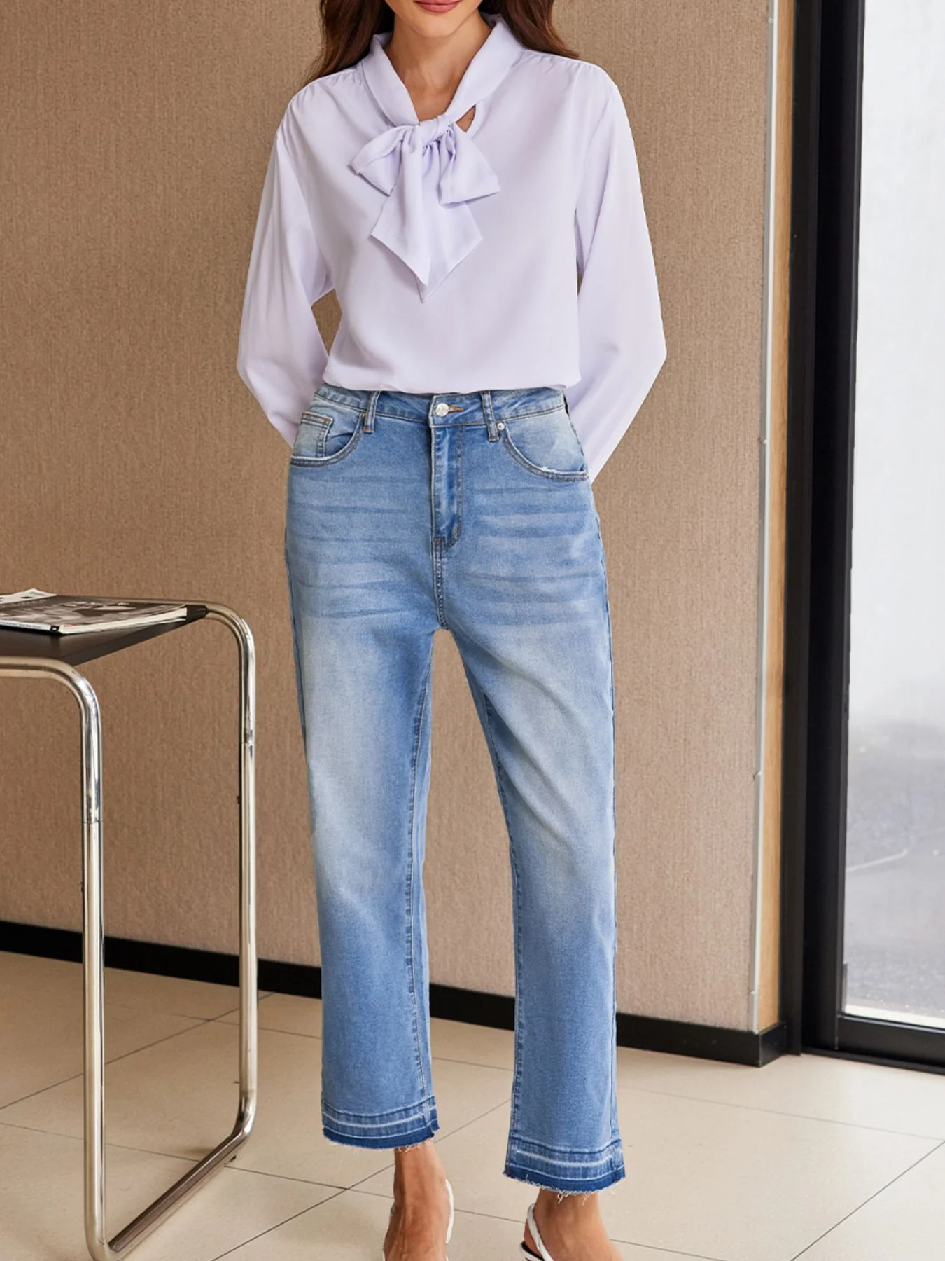Whiskered Wash Raw Hem Cropped Jeans - Image 4