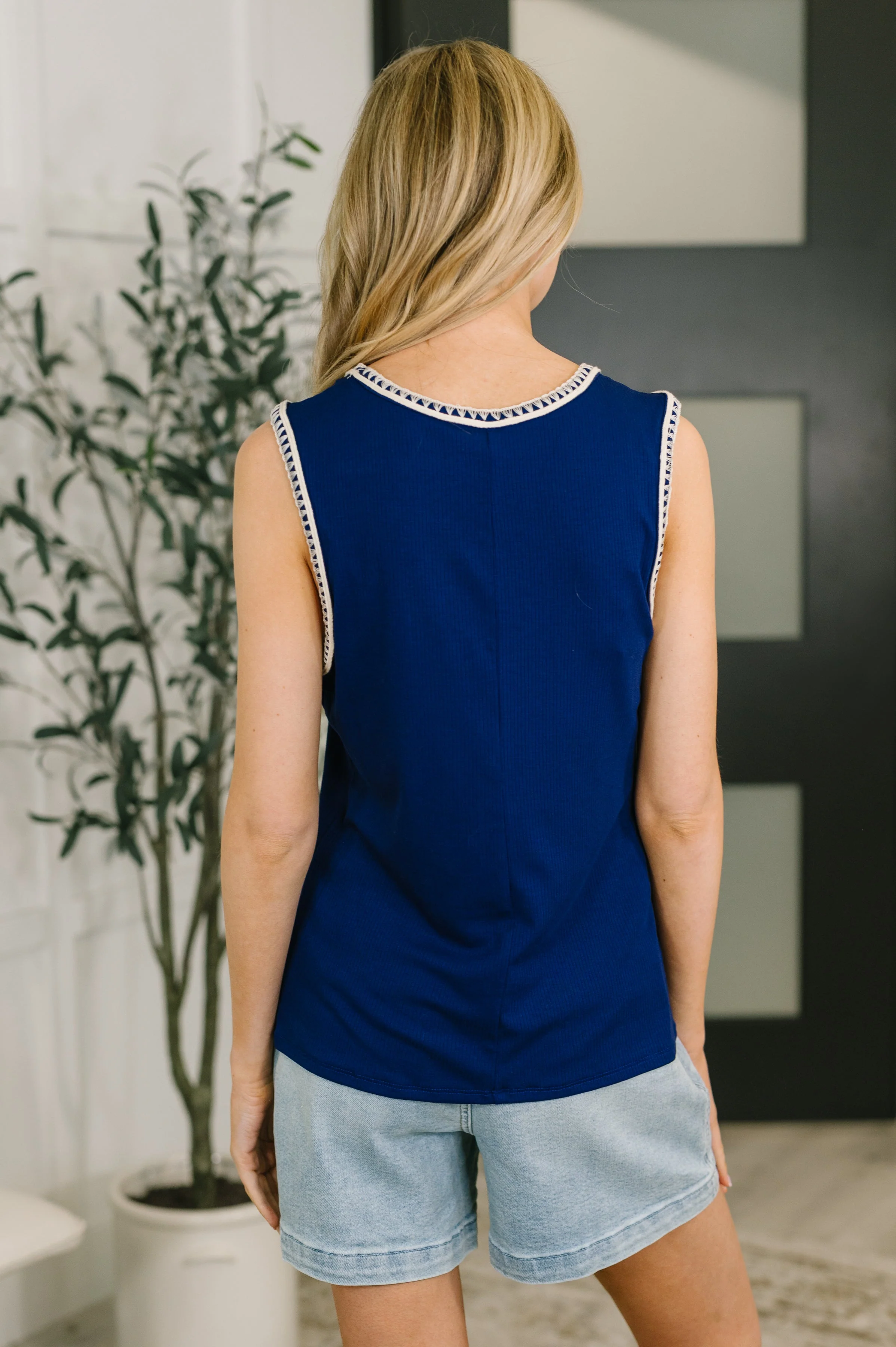 Whisper Trim Detailed V-Neck Tank in Navy - Image 5