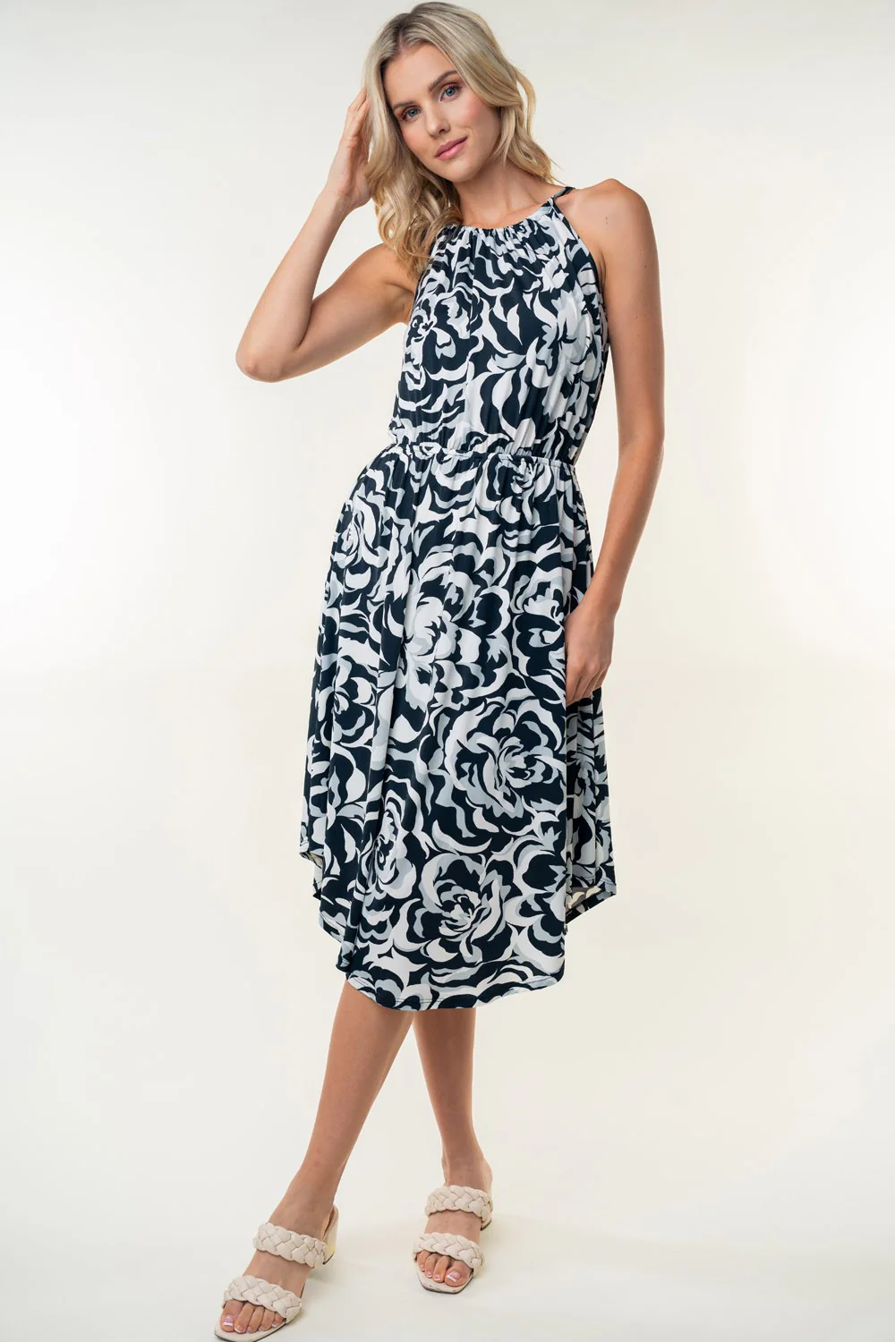 White Birch Tied Ruched Floral Sleeveless Knee Length Dress - Image 3