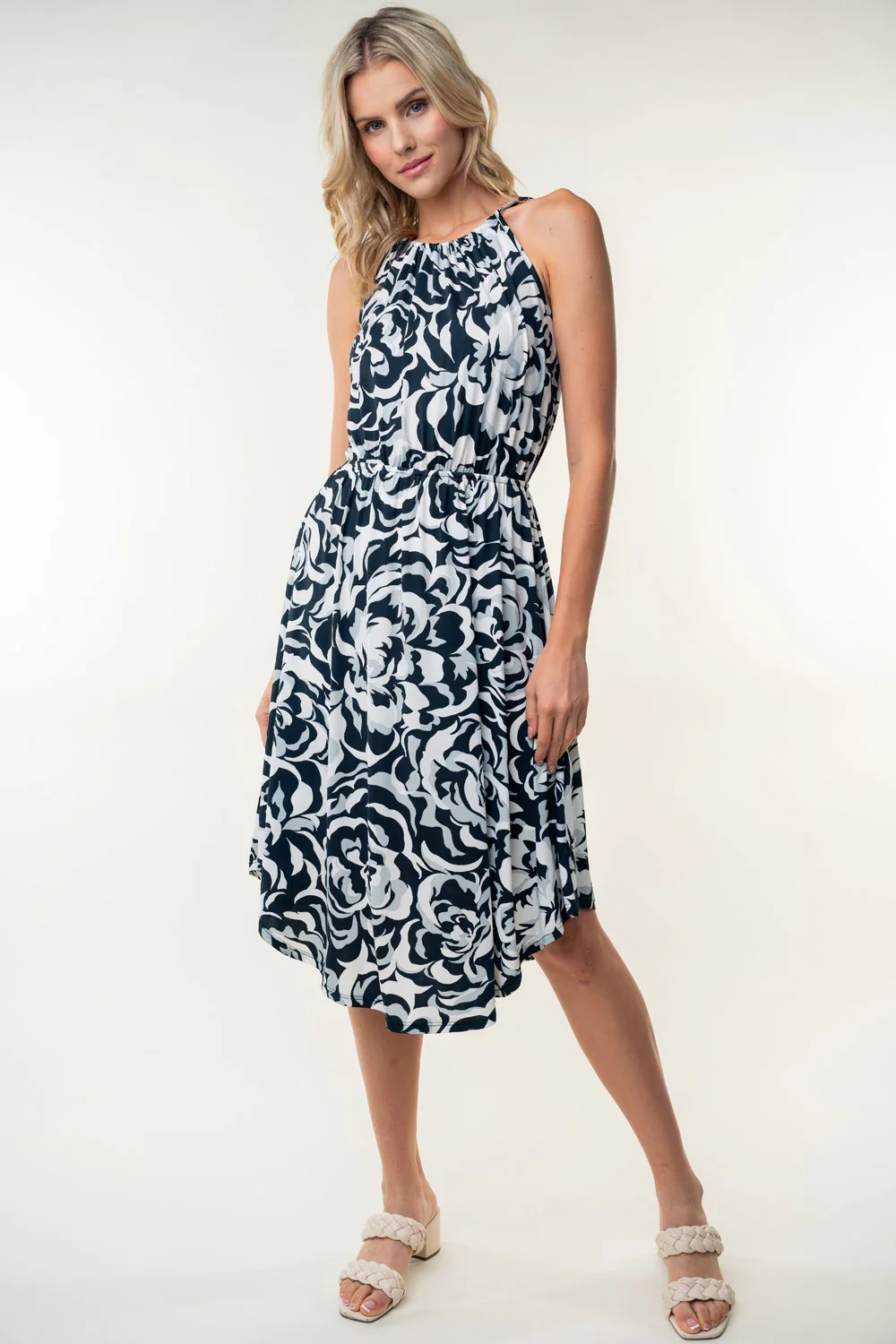 White Birch Tied Ruched Floral Sleeveless Knee Length Dress - Image 4