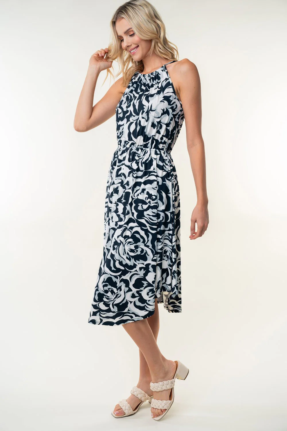White Birch Tied Ruched Floral Sleeveless Knee Length Dress - Image 5