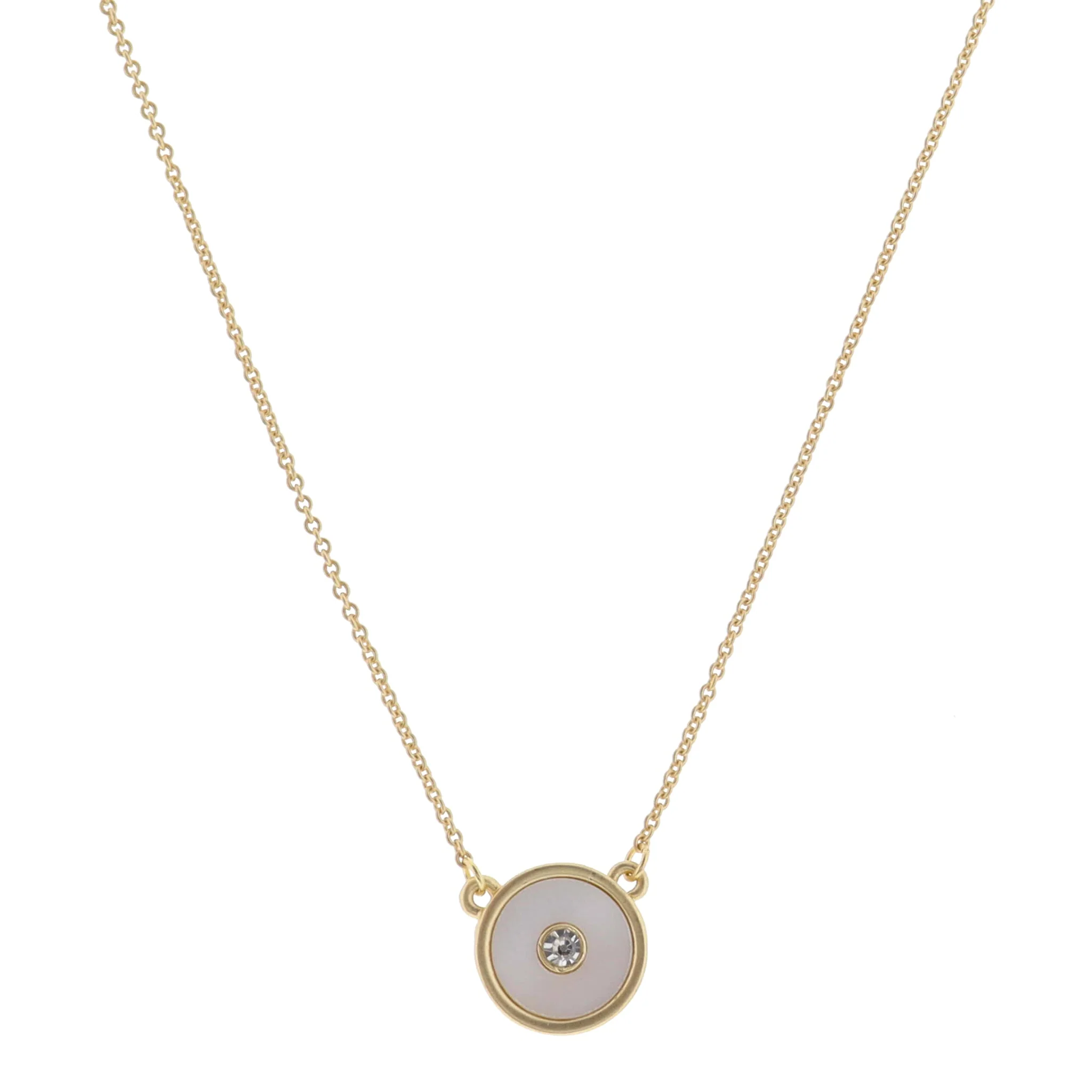 White Shell Inlay Disc with Center Clear Crystal Necklace