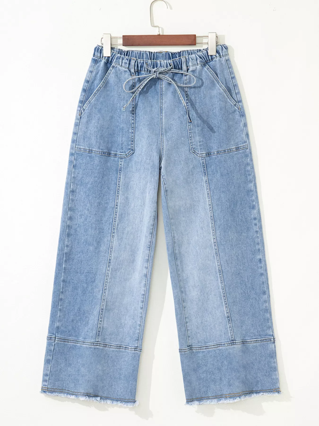 Wide Leg Drawstring Raw Hem Jeans - Image 4