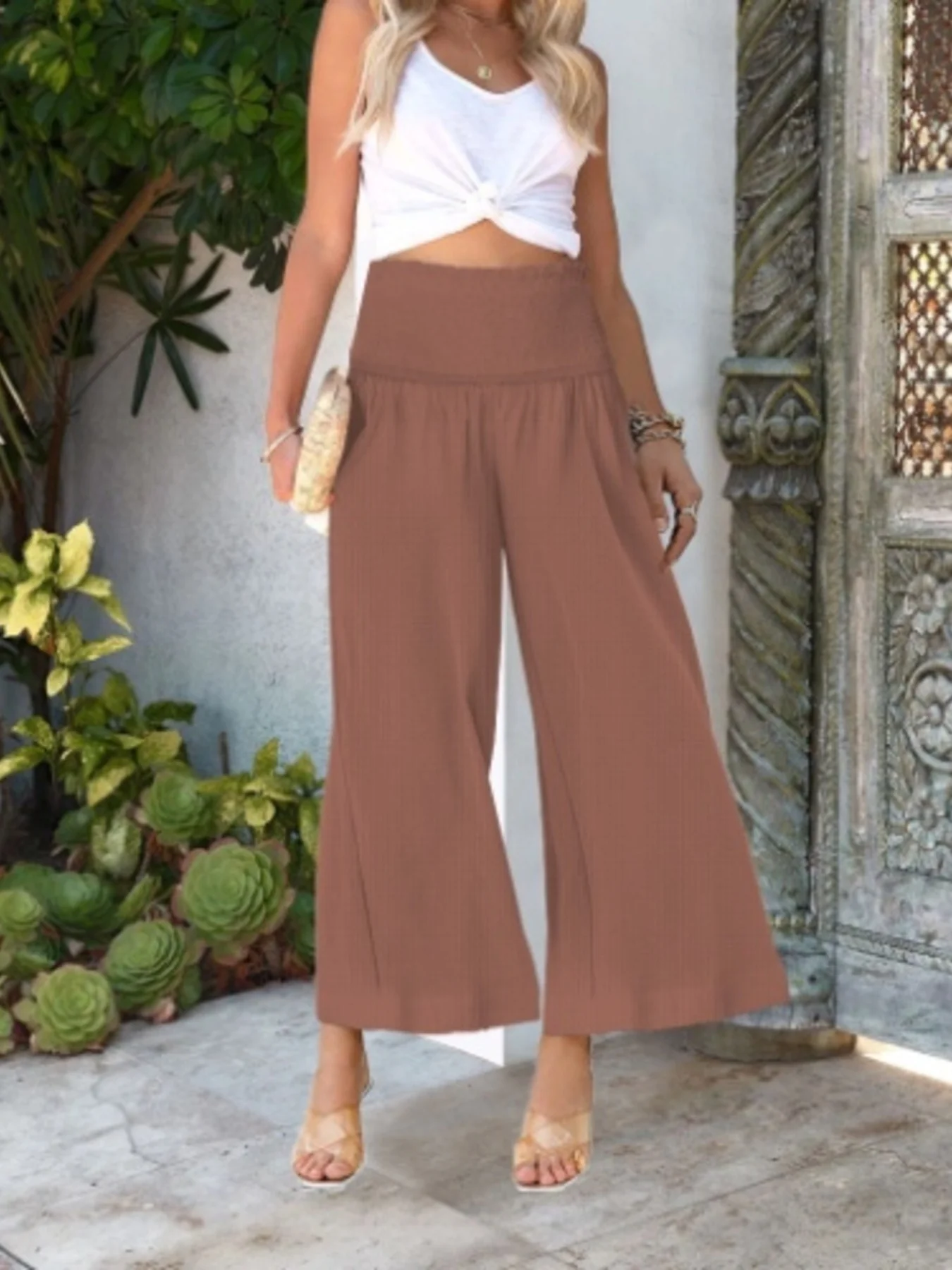 Wide-Leg Smocked Waist Pants - Image 24