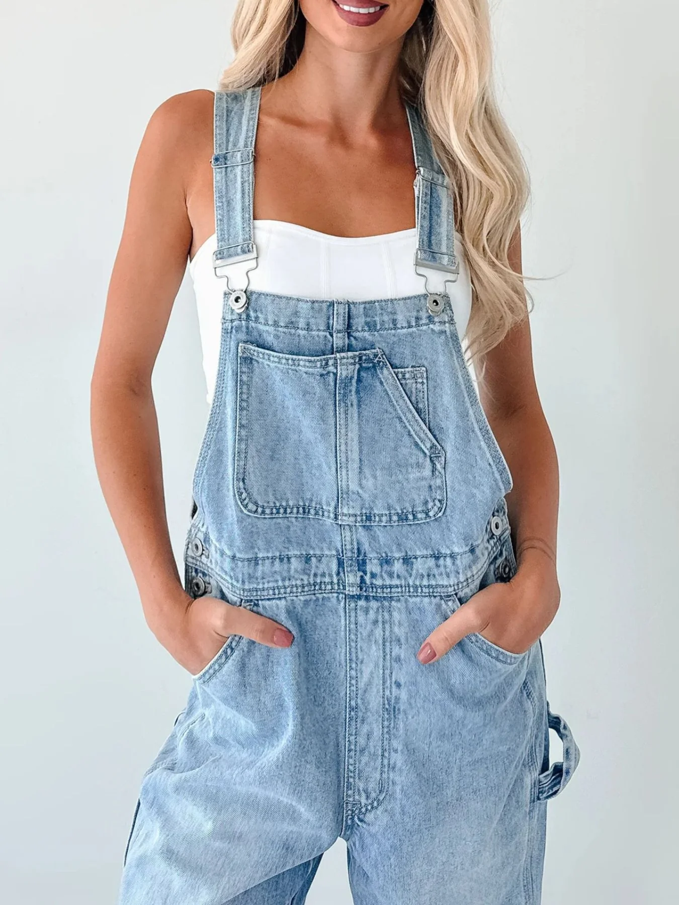 Wide Strap Relaxed Fit Denim Overalls - Image 6