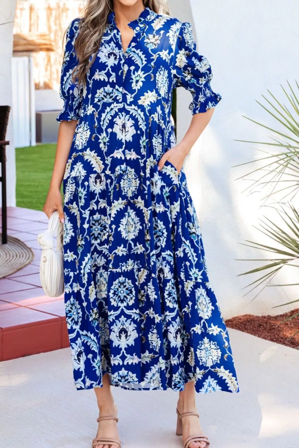 Wild Floral Print Frilled Collar Half Sleeve Dress - Image 2