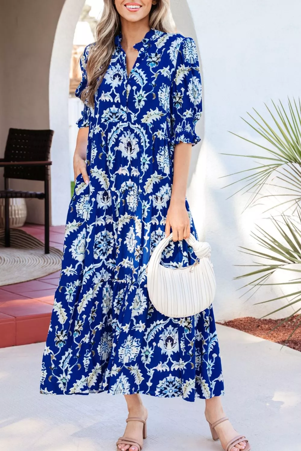 Wild Floral Print Frilled Collar Half Sleeve Dress - Image 4