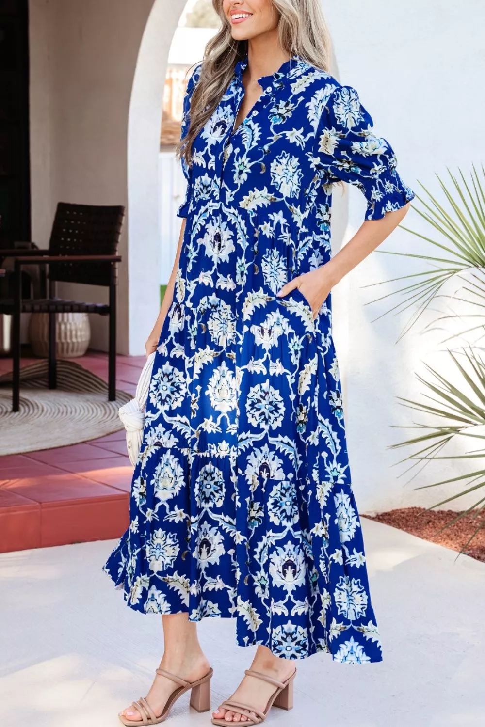 Wild Floral Print Frilled Collar Half Sleeve Dress - Image 5