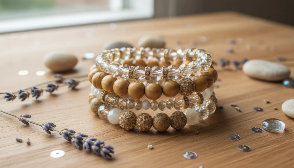 Wood and Crystal Beaded Bracelet Stack