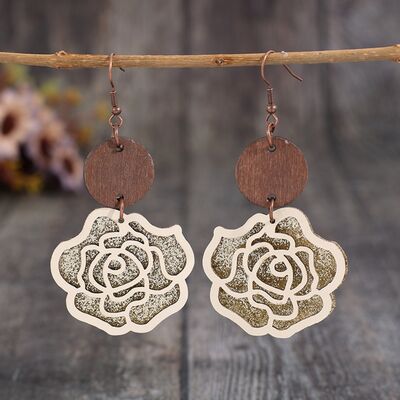 Wooden Alloy Rose Shape Dangle Earrings - Image 3