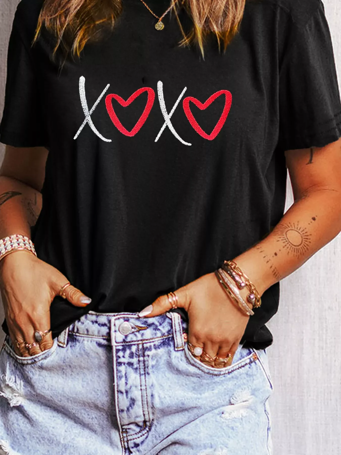 XOXO Valentines Heart Embroidered Casual Tee - Image 3