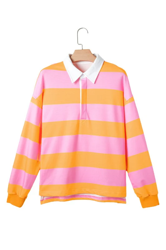 Yellow Stripe Color Block Polo Collar Sweatshirt - Image 4