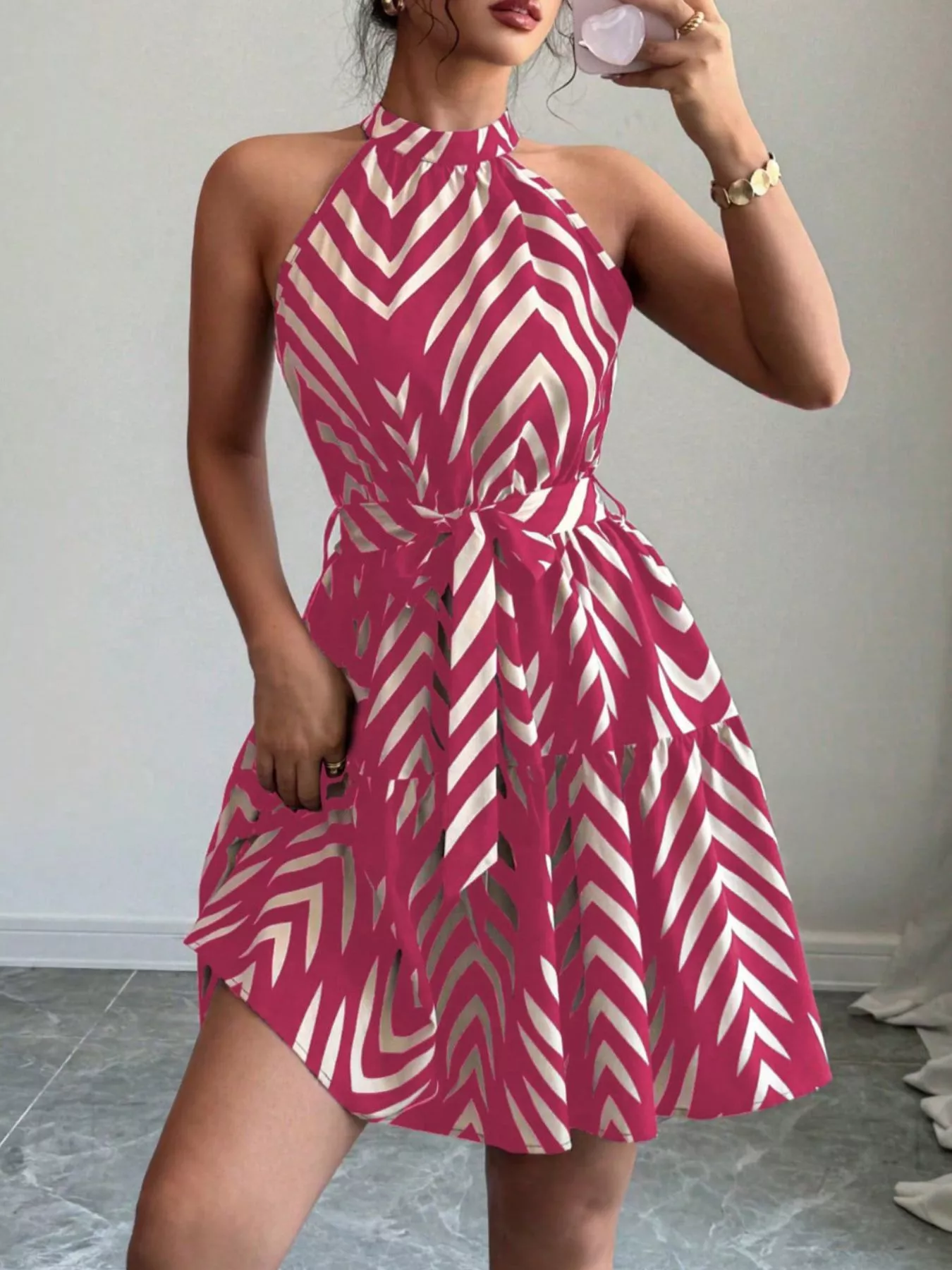 Zebra Print Halter Neck Tie Waist Ruffle Hem Dress - Image 11