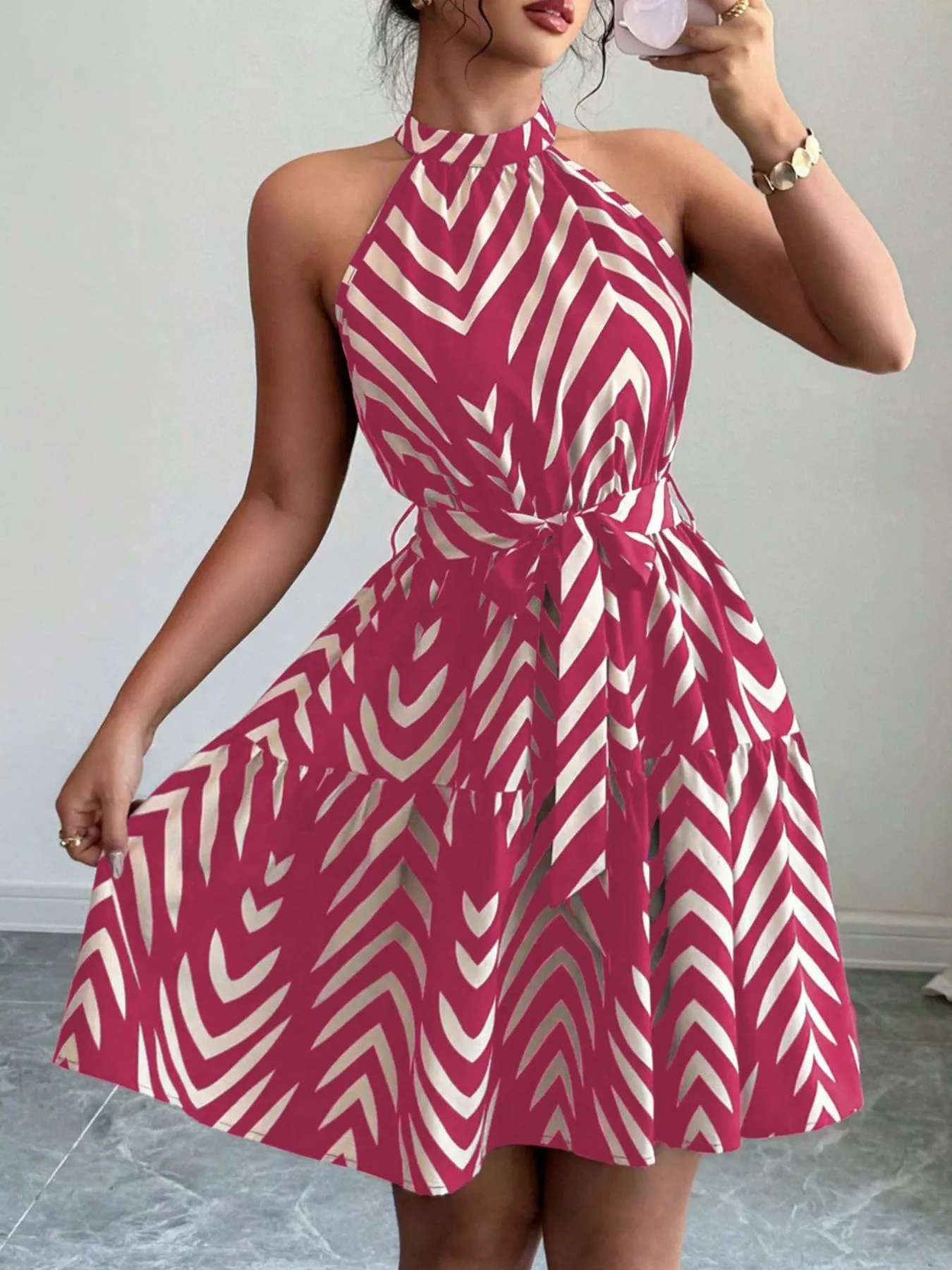 Zebra Print Halter Neck Tie Waist Ruffle Hem Dress - Image 12