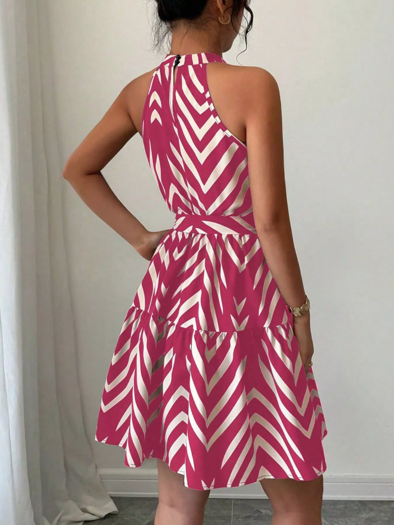 Zebra Print Halter Neck Tie Waist Ruffle Hem Dress - Image 13