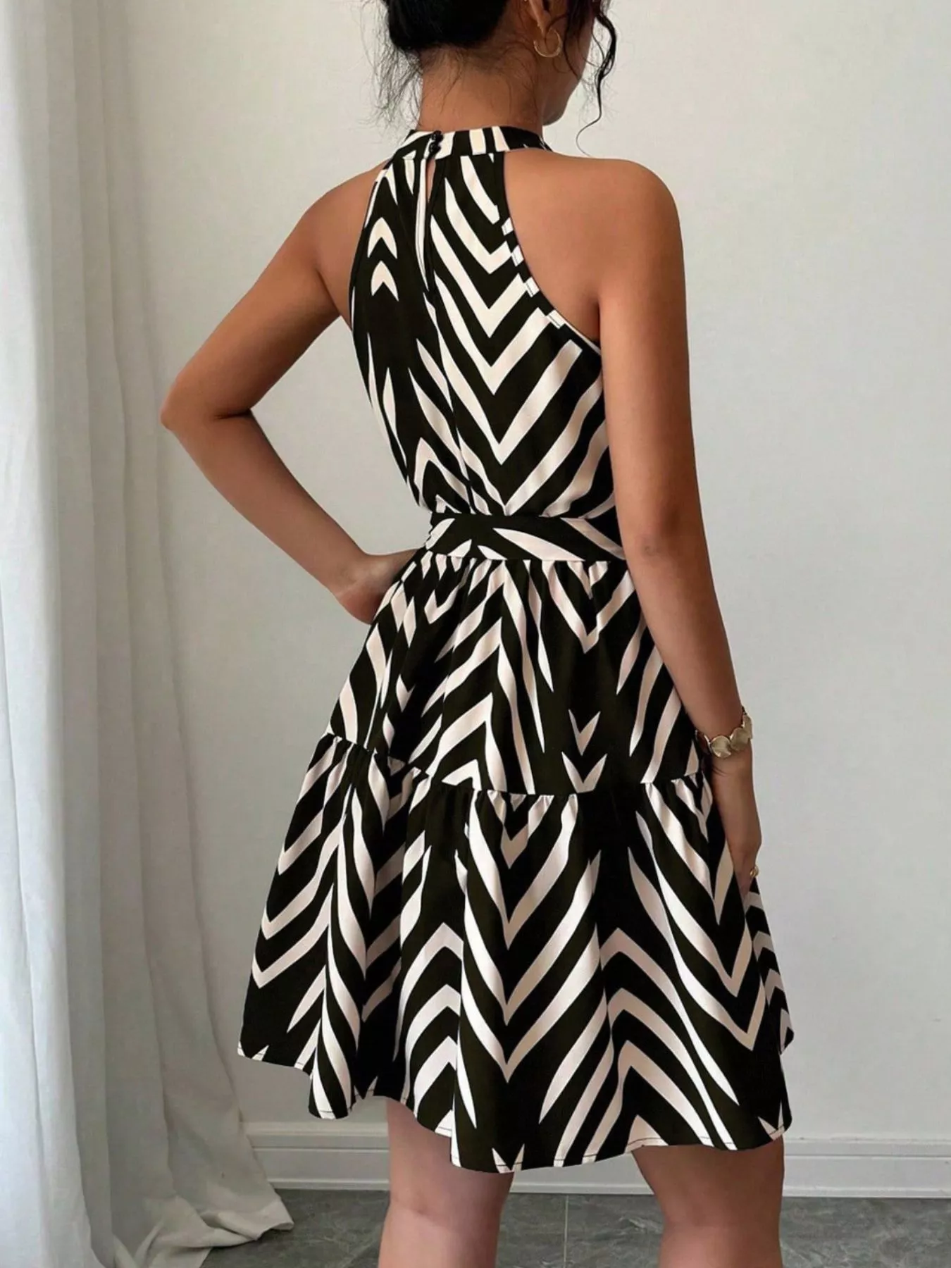 Zebra Print Halter Neck Tie Waist Ruffle Hem Dress - Image 6