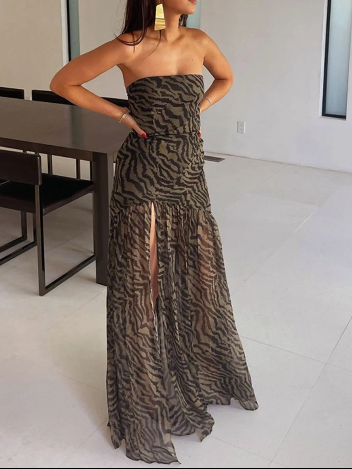 Zebra Print Maxi Dress with Side Slit - Image 2