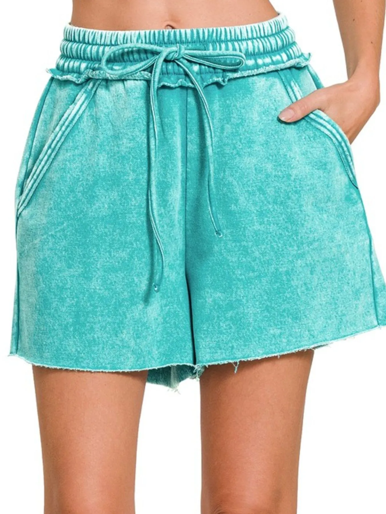 Zenana Acid Wash Fleece Drawstring Shorts With Pockets