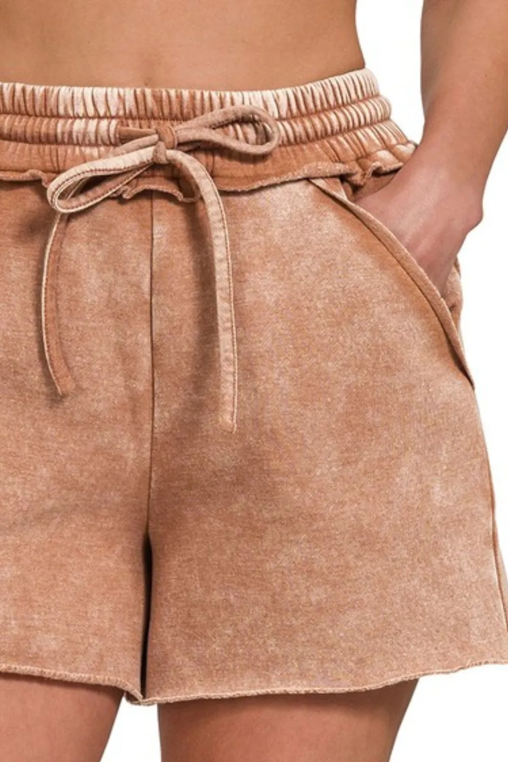 Zenana Acid Wash Fleece Drawstring Shorts With Pockets - Image 2