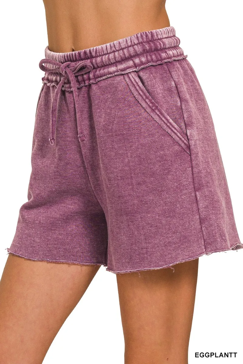 Zenana Acid Wash Fleece Drawstring Shorts With Pockets - Image 2