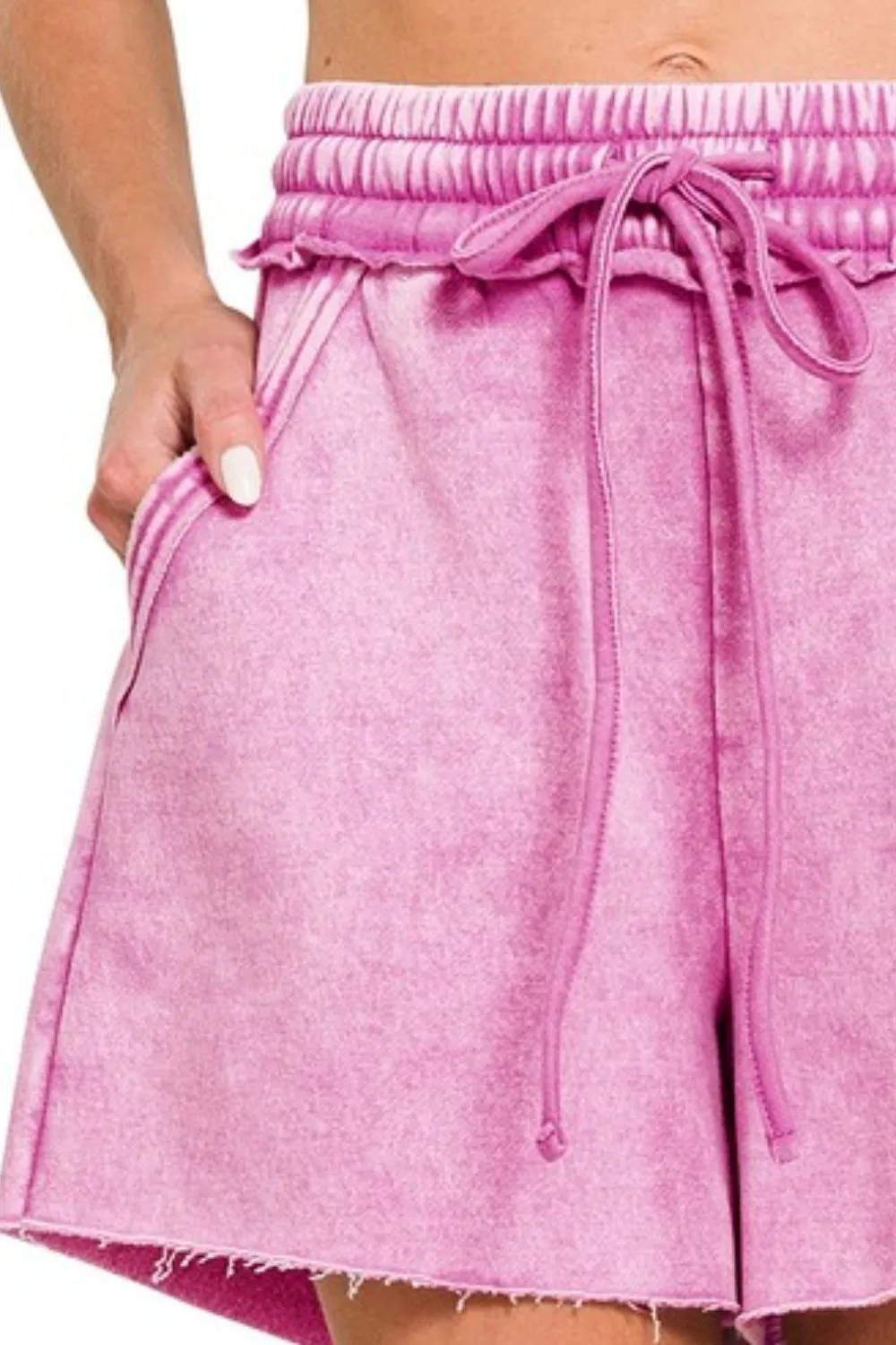 Zenana Acid Wash Fleece Drawstring Shorts With Pockets - Image 2