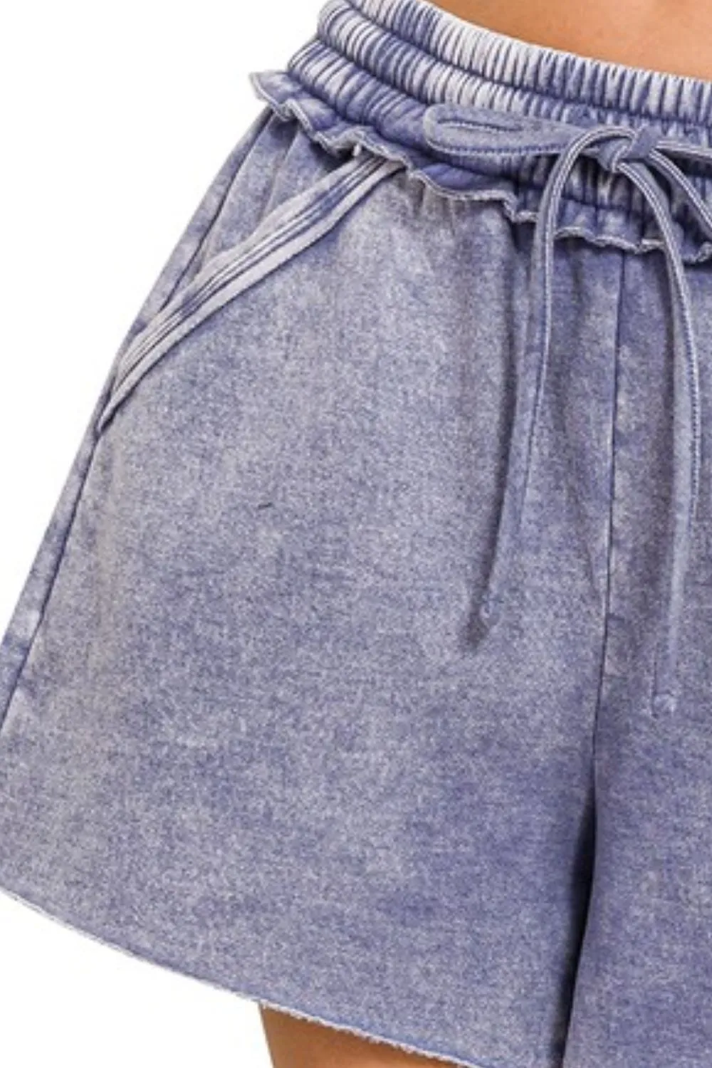 Zenana Acid Wash Fleece Drawstring Shorts With Pockets - Image 3