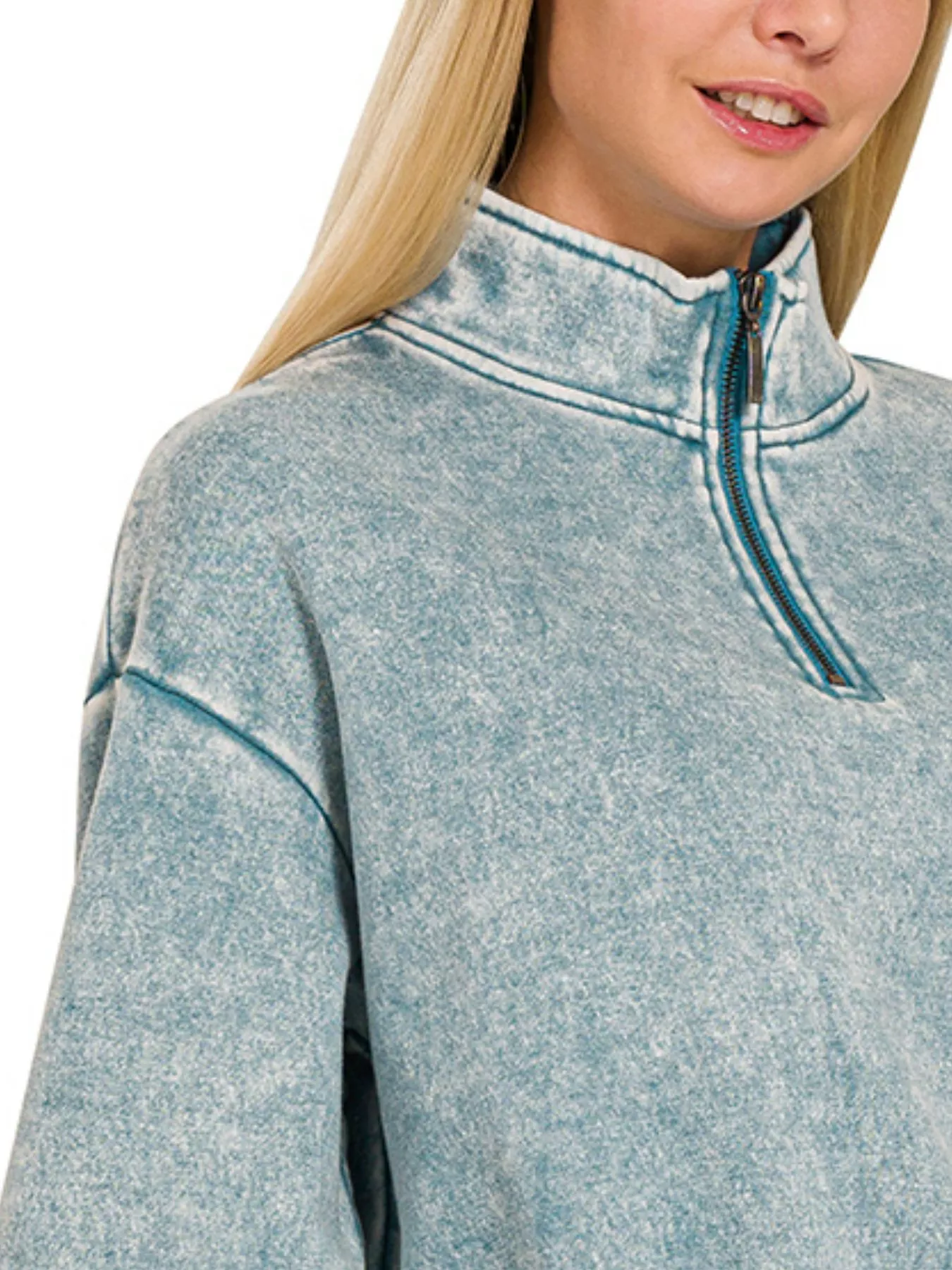 Zenana Acid Wash Fleece Half Zip Sweatshirt - Image 3