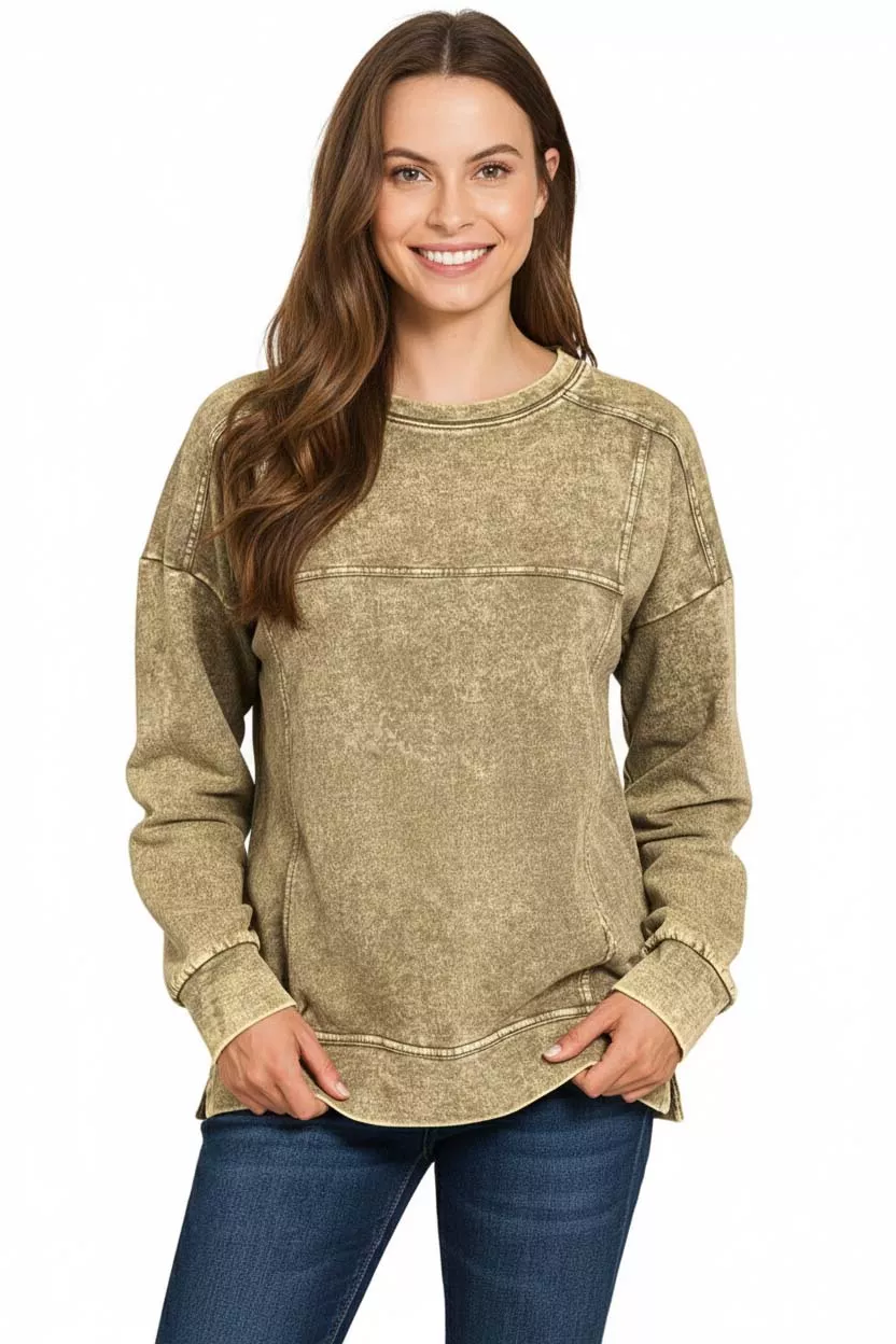 Zenana Acid Wash French Terry Exposed-Seam Pullover - Image 3
