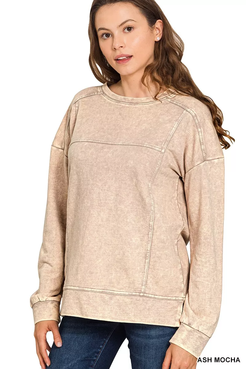 Zenana Acid Wash French Terry Exposed-Seam Pullover - Image 2