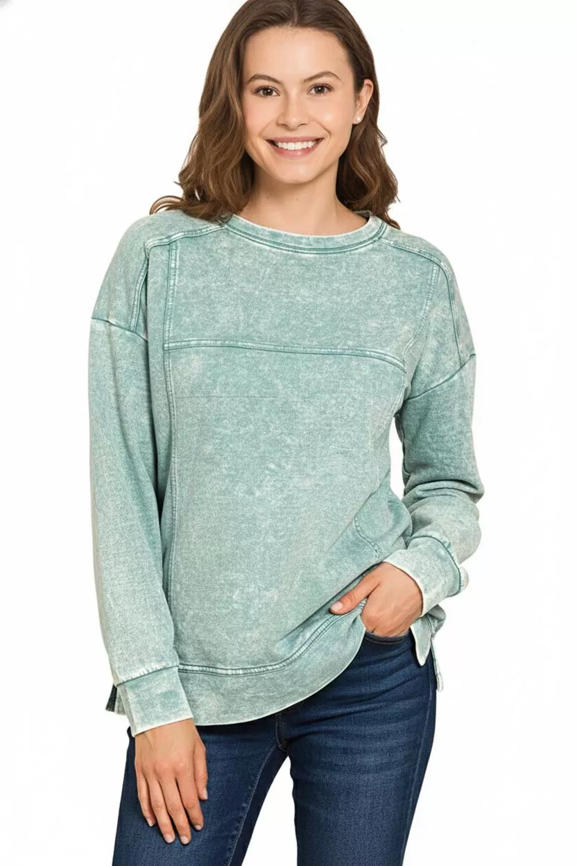 Zenana Acid Wash French Terry Exposed-Seam Pullover - Image 3