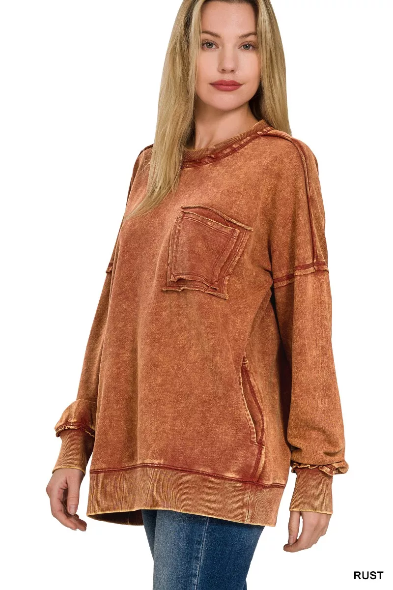 Zenana Acid Wash Raw Edge French Terry Sweatshirt with Front Pocket - Image 2