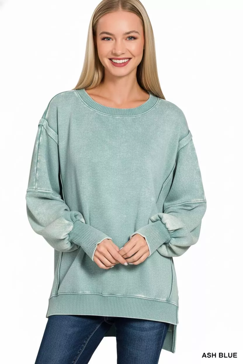 Zenana Acid Washed Batwing Sleeve Fleece Sweatshirt - Image 3