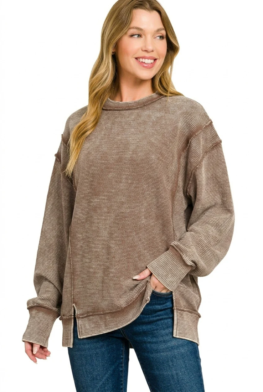 Zenana Acid Washed Double Ribbed Exposed-Seam Sweatshirt - Image 2