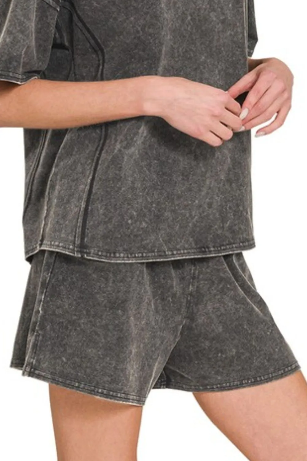 Zenana Acid Washed Short Sleeve Tee & Shorts Set - Image 3