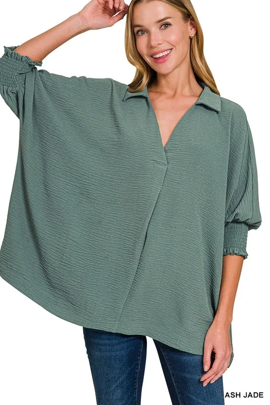 Zenana Airflow Collar Tee with Smocked Sleeve Band Top - Image 2