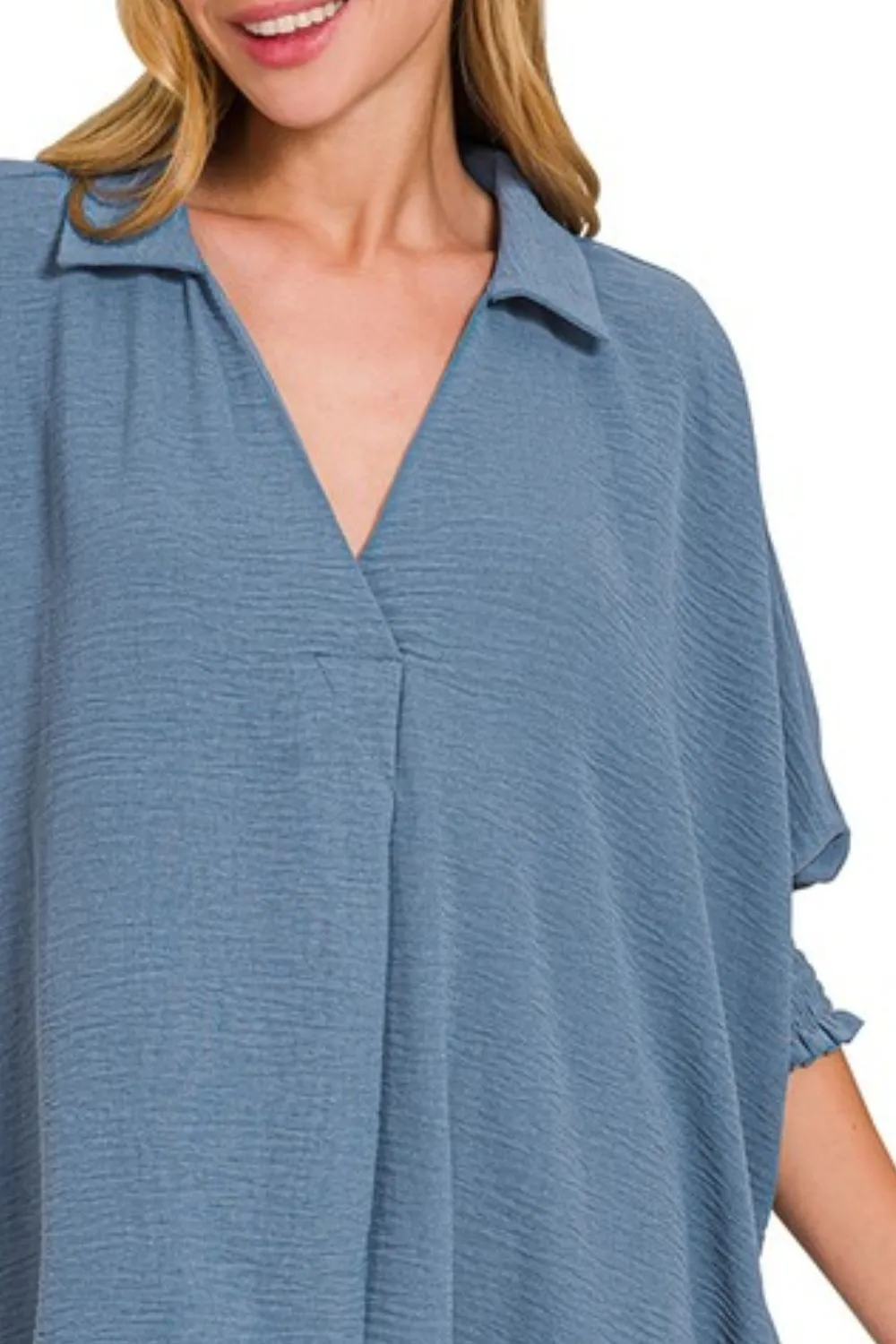 Zenana Airflow Collar Tee with Smocked Sleeve Band Top - Image 2