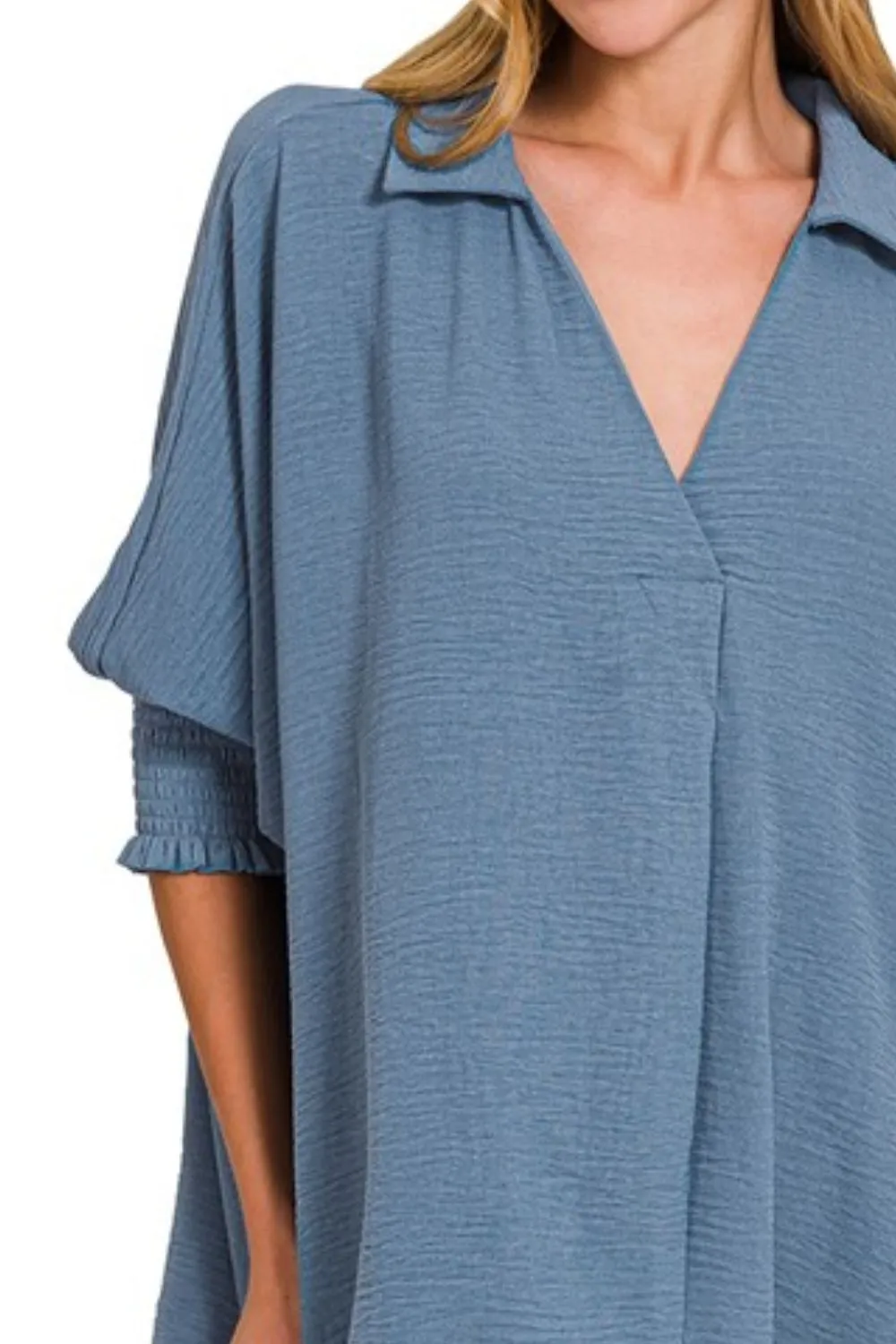 Zenana Airflow Collar Tee with Smocked Sleeve Band Top - Image 3